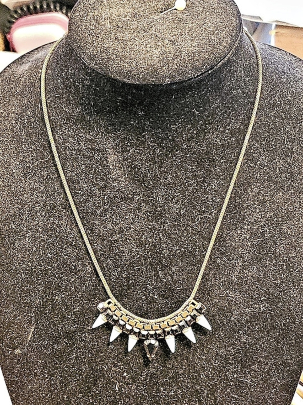 Lionette Statement Opal Spike Curved Necklace Brass Like Chain